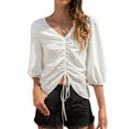 thumbnail image 1 of Women Drawstring Strappy V Neck 3/4 Sleeves Solid Color Summer Blouse, 1 of 2