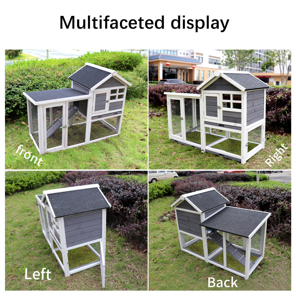 Deluxe Wooden Rabbit Hutch with Extended Play Area & Waterproof Roofs, Easy-Clean Pull-Out Tray, Solid Fir Wood Construction, Glass Windows & Anti-Bite Protection for 2-4 Pets