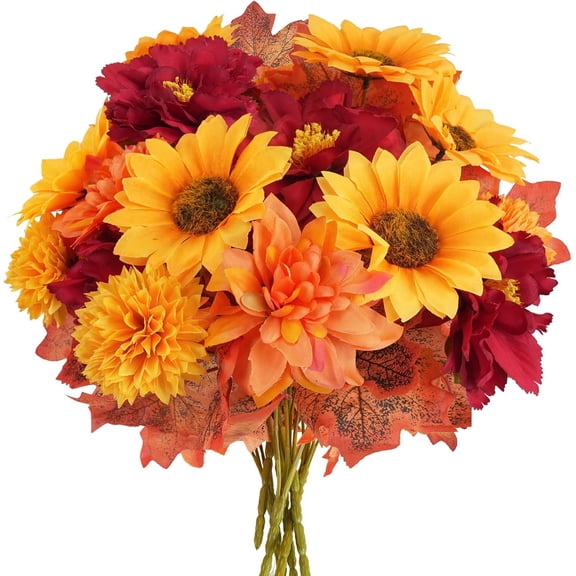 6 Bundles Fall Flowers Artificial Mums for Decorations Outdoors Faux Sunflowers with Fall Chrysanthemums Flower Arrangements for Home Decoration Cemetery Grave Autumn Thanksgiving