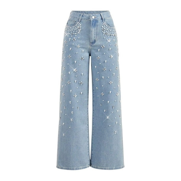 Pantalones vaqueros de mujer con diamantes de imitación, cintura alta, rectos, de pierna ancha, elásticos y brillantes.