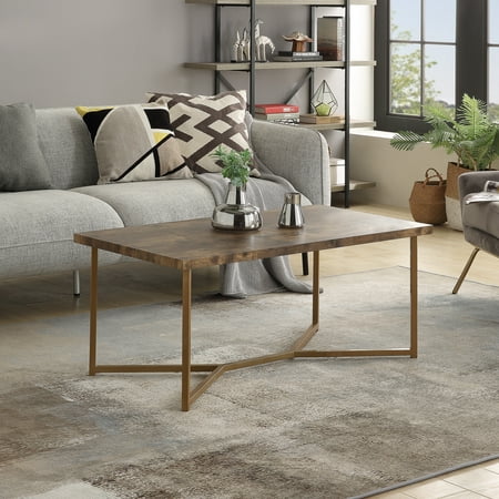 Coffee Tables for Living Room, Modern Industrial Coffee Table with Metal Frame, Accent Cocktail Table, Sturdy End Tables for Home Bedroom Dining Room Cafe, Distressed Wood Tabletop+Golden Base, W13116