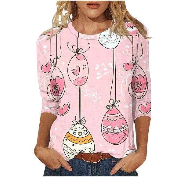 HNMKIU Women's Casual Three Quarter Sleeve Pullover Top Soft Comfortable Blouse For Everyday Wear Pink,XL