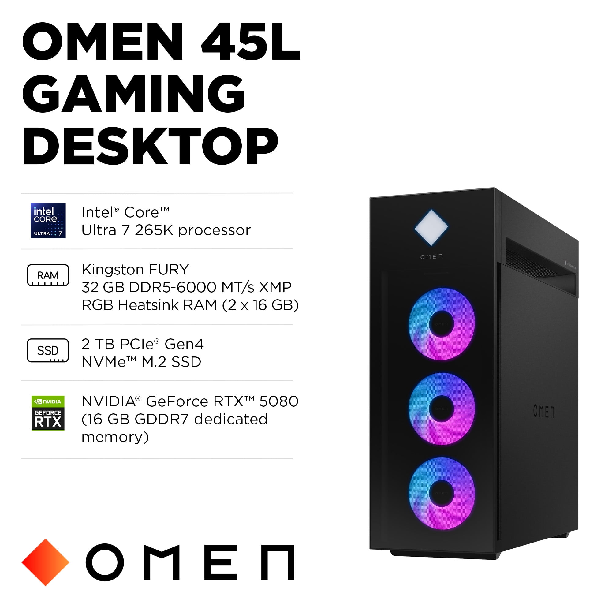 OMEN 45L Win 11 Pro Gaming Desktop Intel Core Ultra 7 265K Nvidia RTX 5080 32GB 2TB SSD Shadow Black