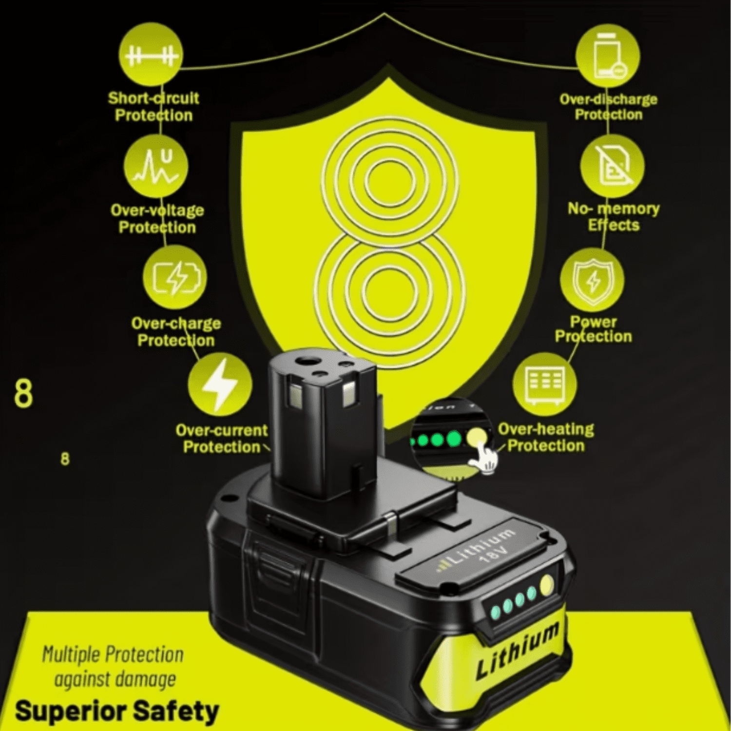2-Pack 18V 5.0Ah Lithium lon Rapid Rechargeable Replacement Ryobi Battery, Compatible with 18V One+ Power Tools P100 P102 P103 P104 P105 P107 P108 P109