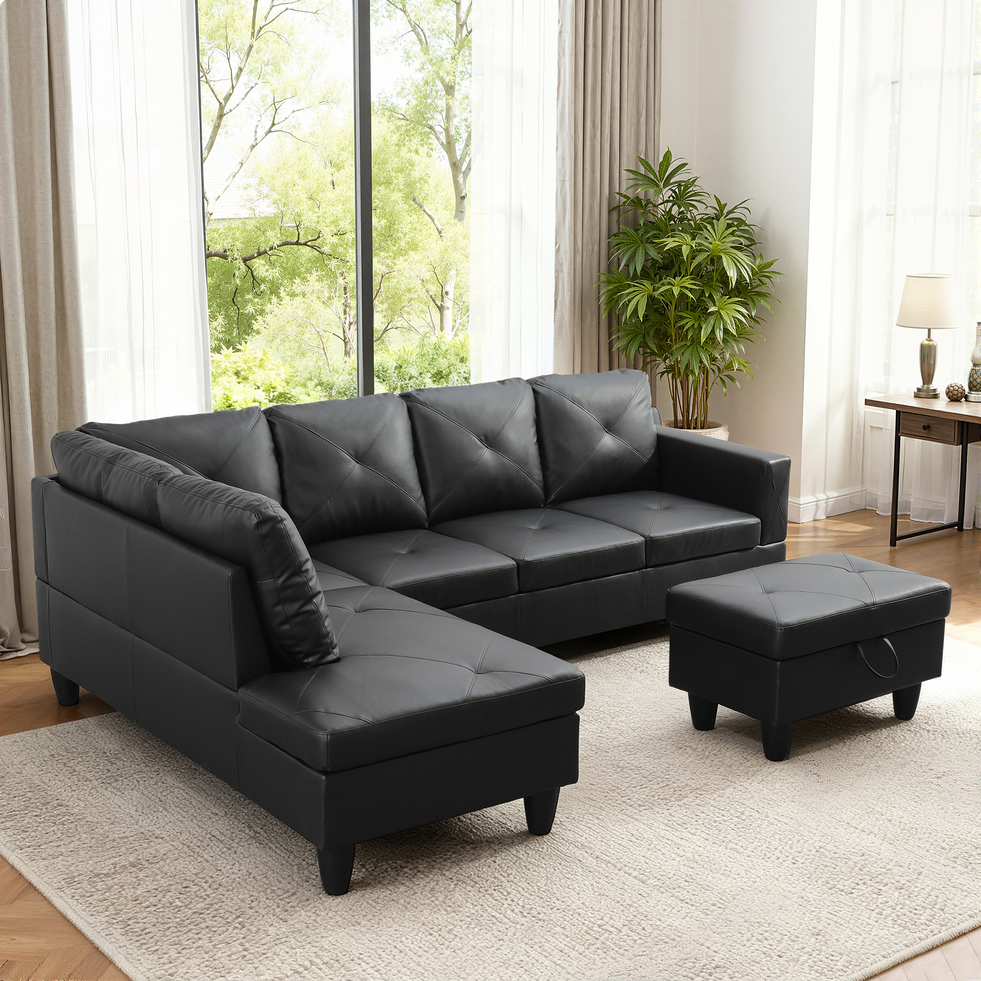 MAYEERTY 97" Faux Leather Sectional Couches, 3-Piece Modular Sofa Set with Reversible Chaise & Storage Ottoman, Black (Left)