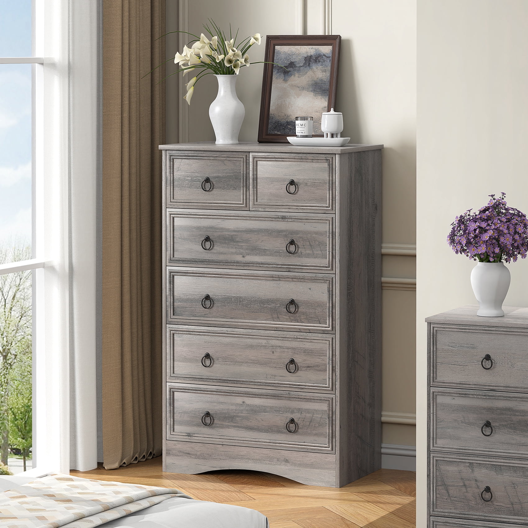 VVFLU Grey Dresser Tall for Bedroom, Wood 6 Drawers Chest, Storage for Clothes, Vintage, Living Room