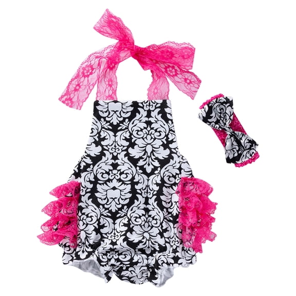Weebloom Baby Girl Romper Halter Bodysuit Rose Prints Lace Fashion Newborn Clothes With Headbands Girls Outfit Black 6-12 Years