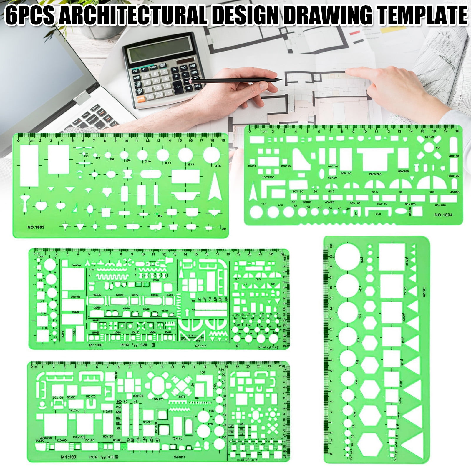 6 Pcs Architect Multi Purpose Drawing Template Set House Plan Interior Design and Furniture