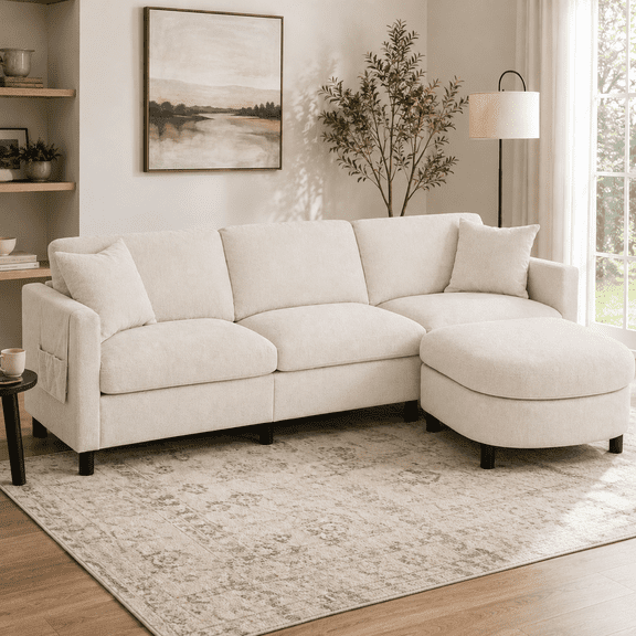 Tulib 107.87" Sectional Sofa Couch with Movable Ottoman, 4-Seat Upholstered L-Shaped Sofa with Removable Seat & Back Cushions, Armrest Storage Pocket, 880 lbs Capacity, Beige