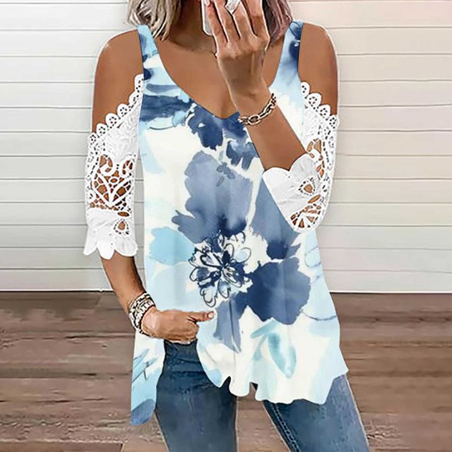 Fiudx Ofertas Flash Del Día Solo En Línea Tops de Encaje con Estampado de Manga Corta y Cuello En V a La Moda para Mujer