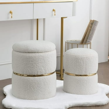 Faux Fur Round Storage Ottoman Black Upholstered Vanity Stool Pack of 2