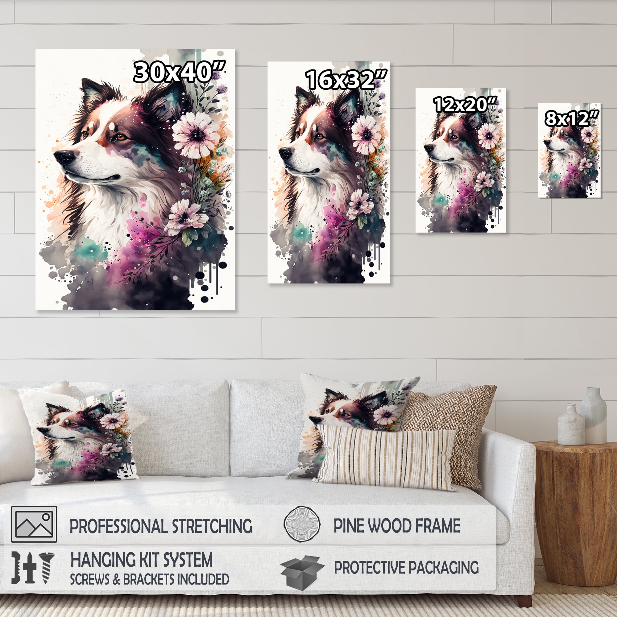 Designart Cute Dog Floral Art III Canvas Wall Art
