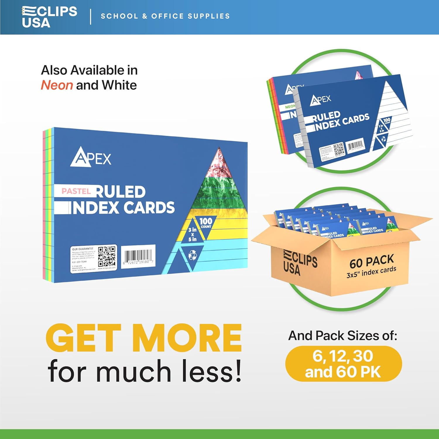 E-Clips USA 3” x 5” Index Cards Assorted Pastel Flashcards, 12-Pack (100 Cards Per Pack)