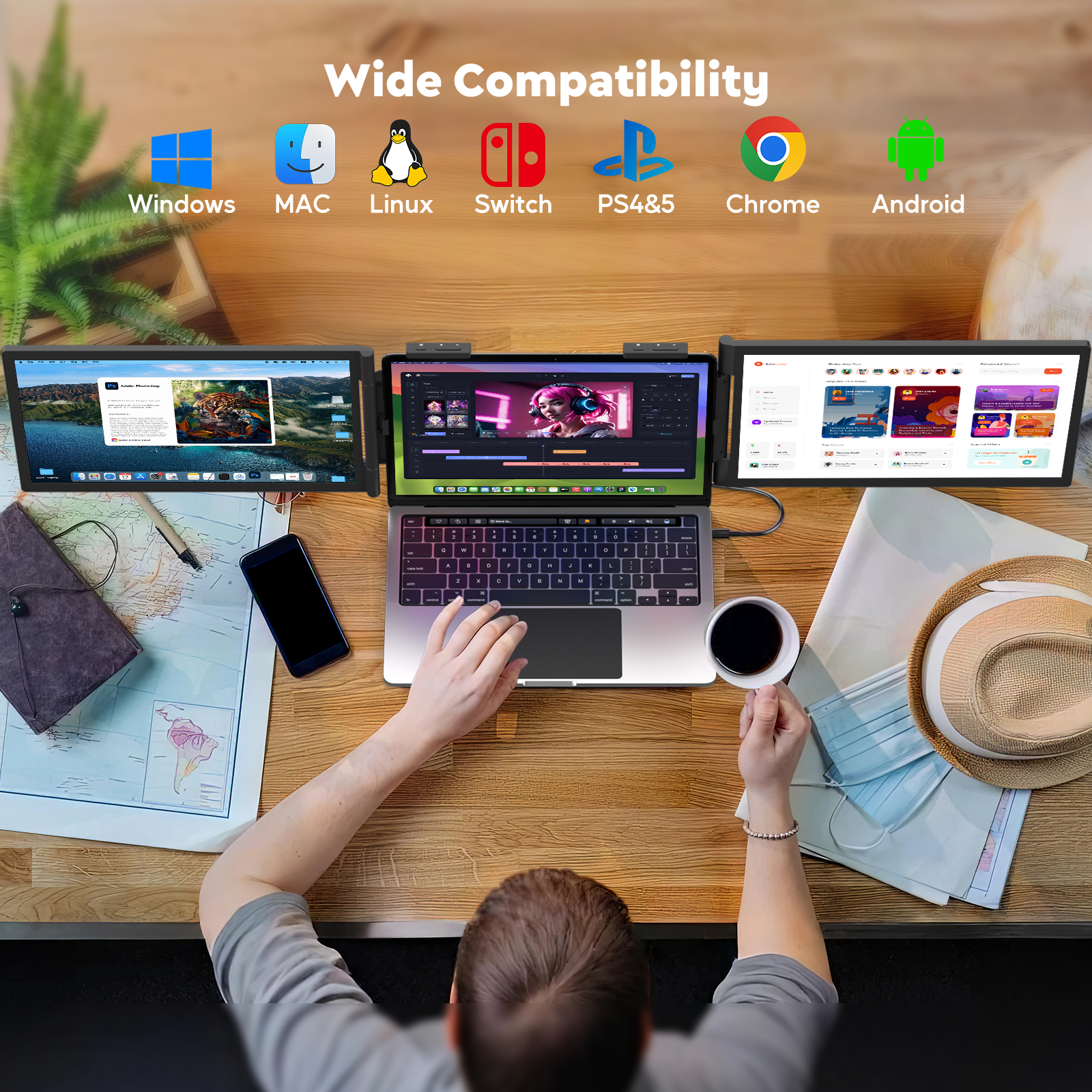 Dual Laptop Screen Extender, 14" 1080P IPS Portable Triple Monitor for 13-16.5" Laptops with USB-C Port, Plug and Play, Attachment Screen for Windows/Mac/Android/Switch/PS5/Xbox