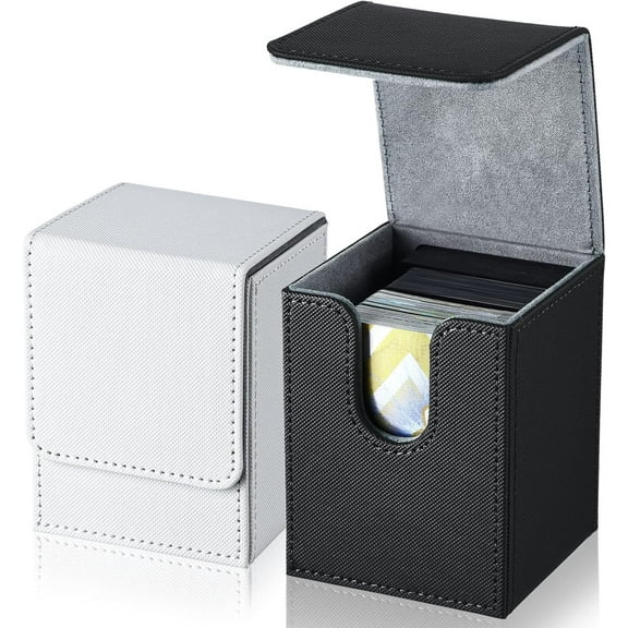 YUANAO 2 Boxes Leather Deck Card Boxes Large Size Fit 100 Plus Sleeved Cards Deck Game Box for Collectible Cards Deck Playing Card Box Compatible with MTG TCG(White, Black, Vertical)