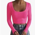 thumbnail image 4 of Womens Solid Square Neck Ribbed Long Sleeve Crop Top,Slim Fit Basic Tee, 4 of 6