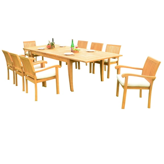 9 PC A Grade Outdoor Patio Teak Dining Set - 118" Double Extension Atnas Table & 8 Naples Stacking Arm Chairs