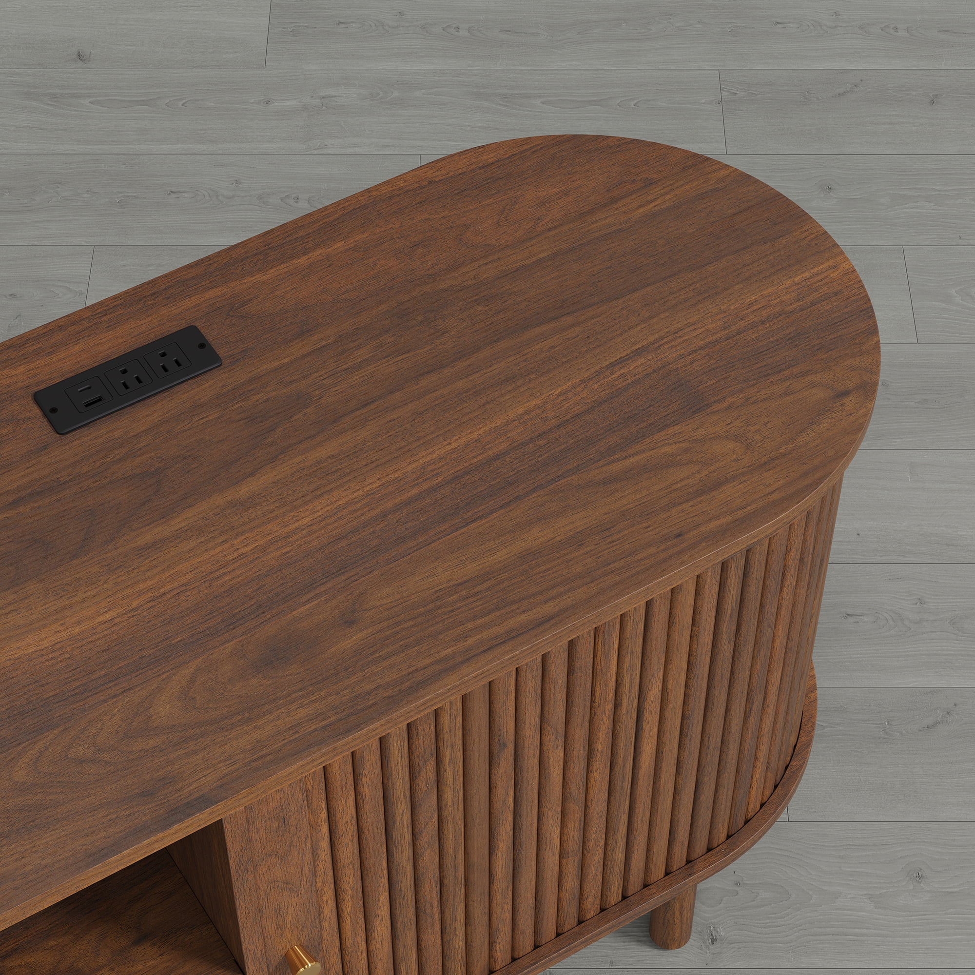 Spruce & Spring Tambour TV Stand with Power Outlet, Mid-Century Modern Entertainment Center, Rattan Drawer & Fluted Sliding Doors, Solid Wood Legs & Cable Management, Walnut, for TVs up to 70 Inch