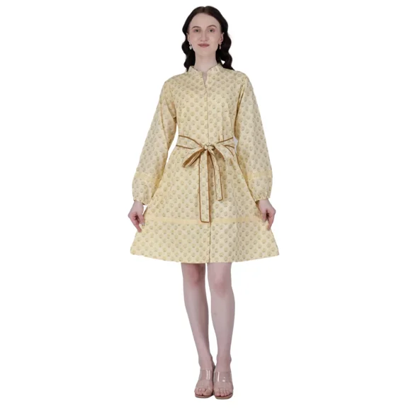 Women’s Soft Cotton Clothing Floral Dress With Belt Long Sleeve Shirts Dresses