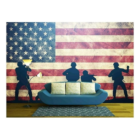 wall26 - Soldiers in Assault on Grunge USA Flag. American Army, Military Concept. - Removable Wall Mural | Self-Adhesive Large Wallpaper - 100x144