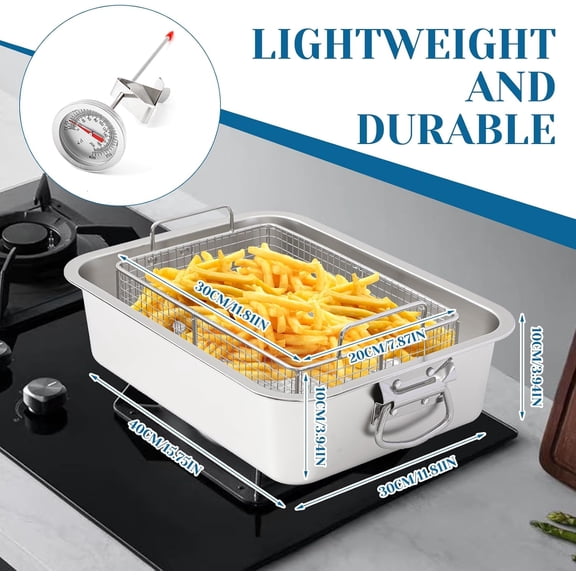 10 Qt Stove Top Deep Fryer with Basket 304 Stainless Steel Deep Fryer Pan Chicken Frying Pot with Oil Thermometer for Kitchen Outdoor Cooking French Fries Fish
