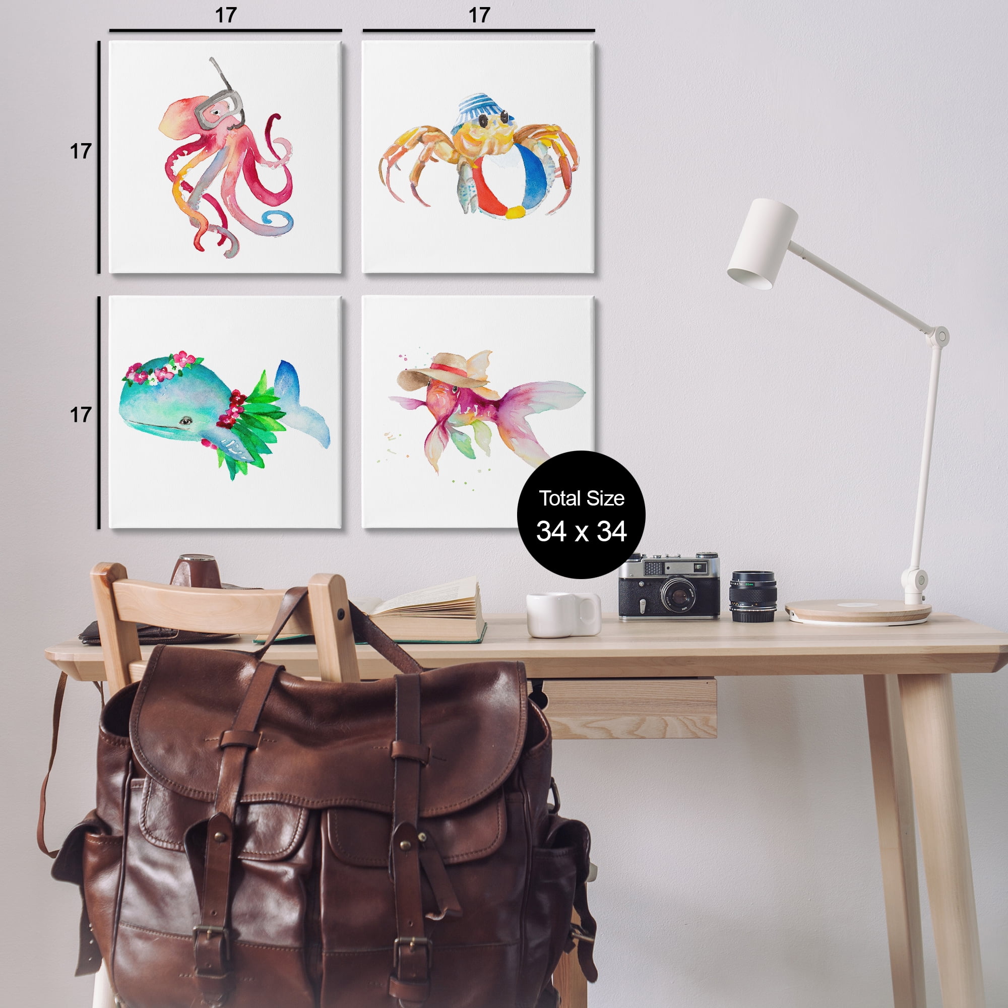 Stupell Industries Sea Creatures at Beach Nautical & Beach Painting Wrapped Canvas Art Print Wall Art, 17 x 17, Set of 4