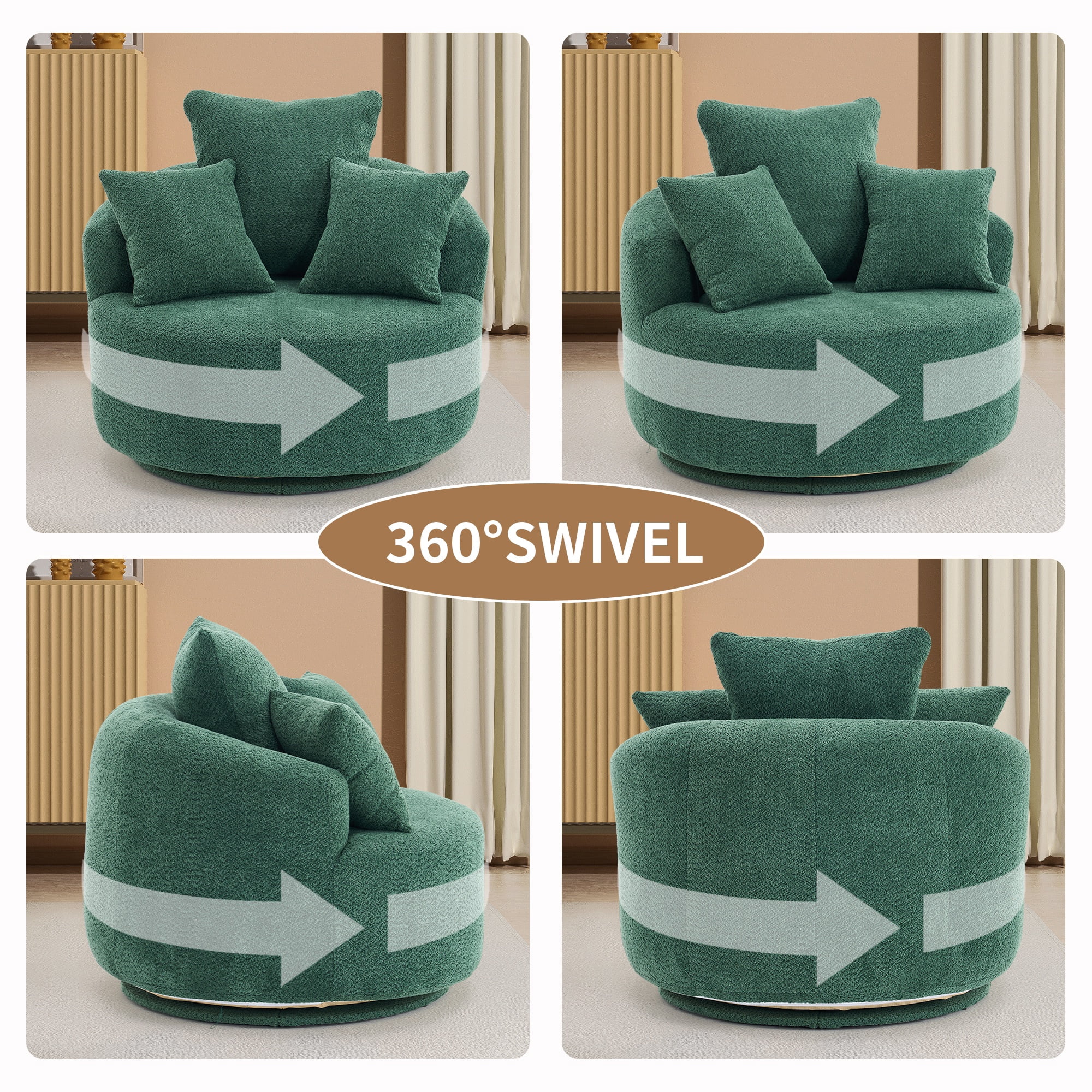 PORKISS Oversized Swivel Accent Chair Barrel Chair, Crochet Yarn Upholstered Armchair with 3 Pillows, Round Armchair Leisure Sofa Chair for Living Room Office Lounge Hotel, Green