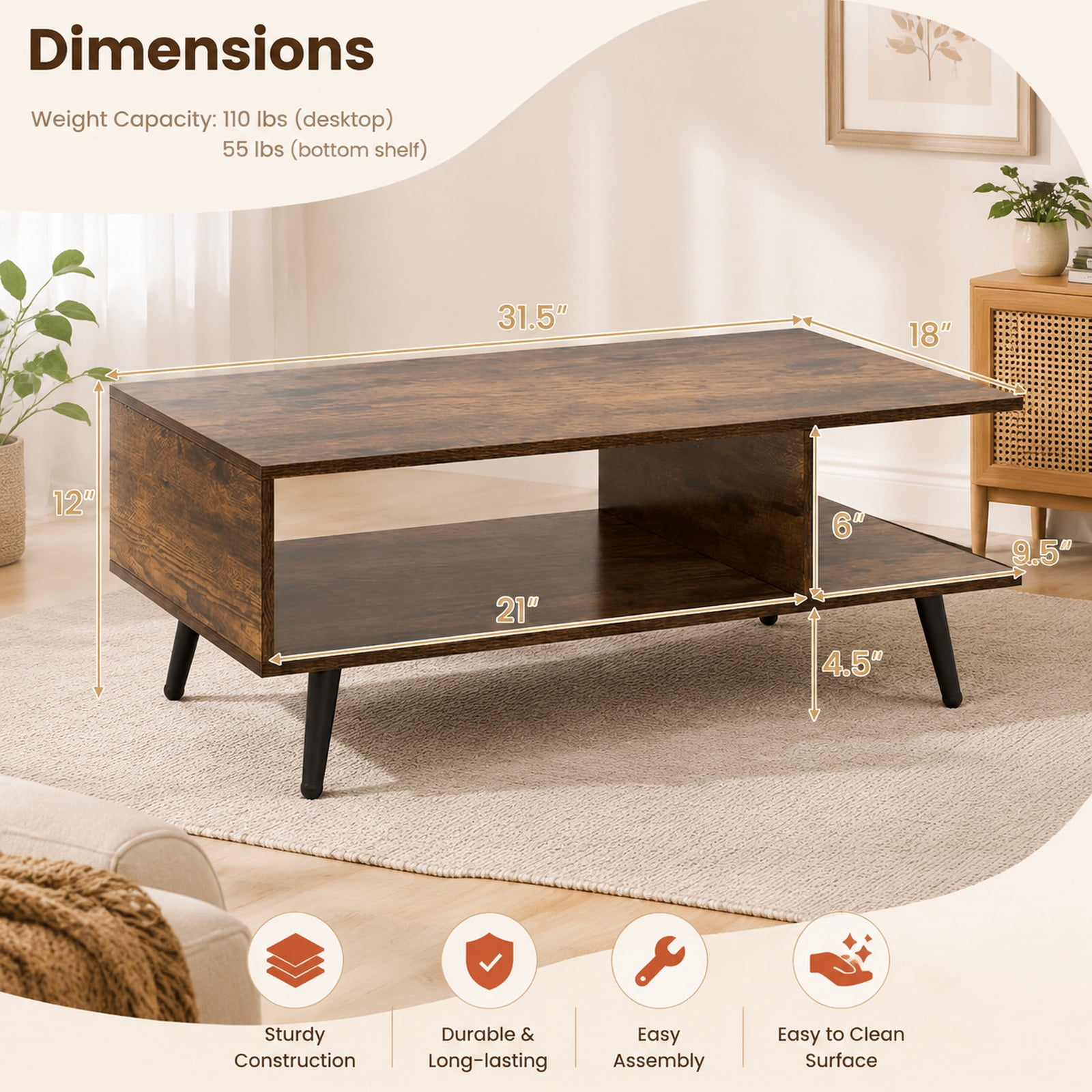 Furnibear Mid Century Modern 2-Tier Rectangle Coffee Table with Two Open Compartments and Tapered Metal Legs for Living Room, Rustic Brown