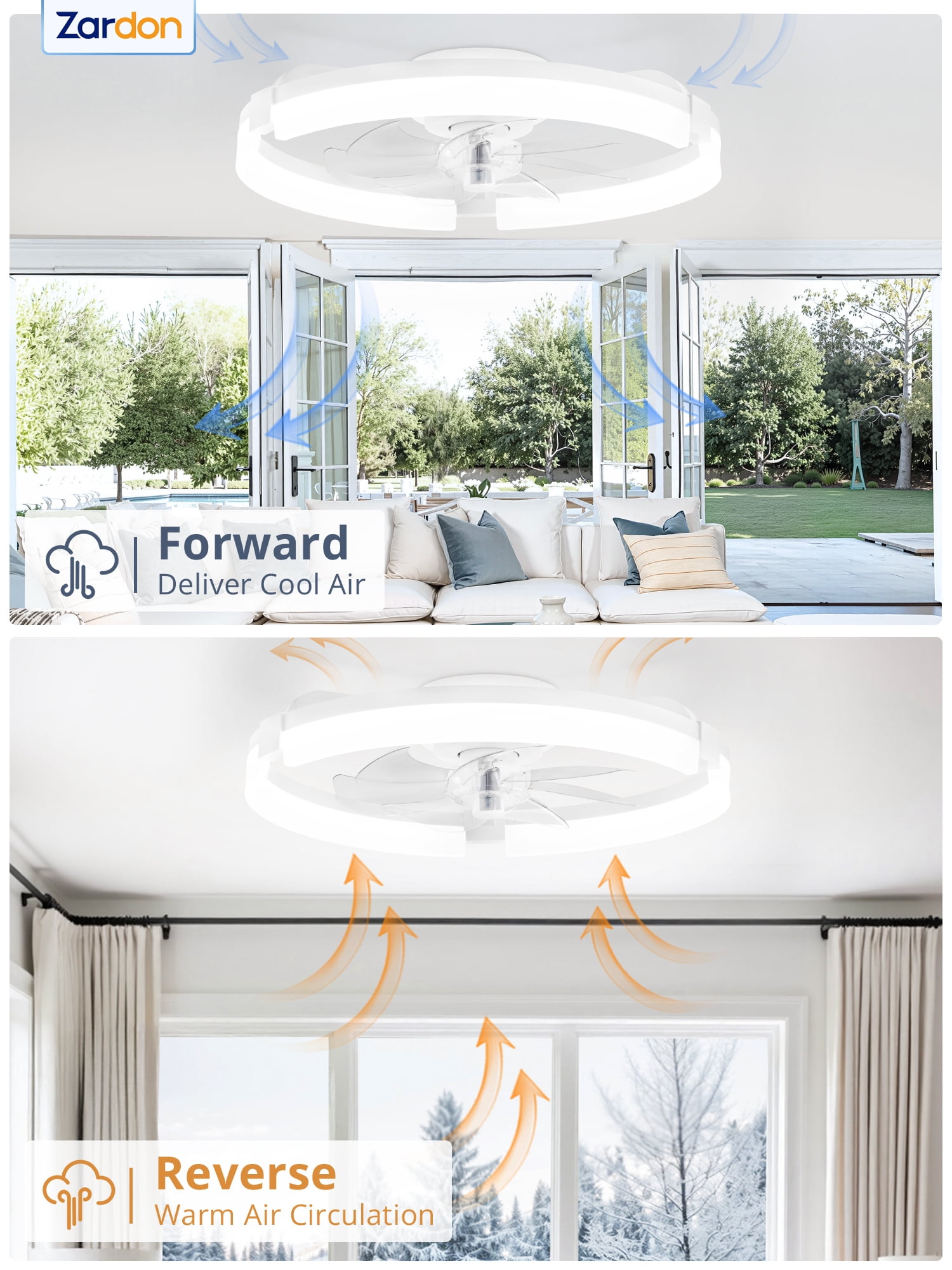 Zardon 20 inch Modern Ceiling Fan with Light and APP & Remote Control, Flush Mount Ceiling Fan, 6 Speeds, 3 Color Temperatures, Ultra Quiet DC Motor, for Bedroom, Living Room-White