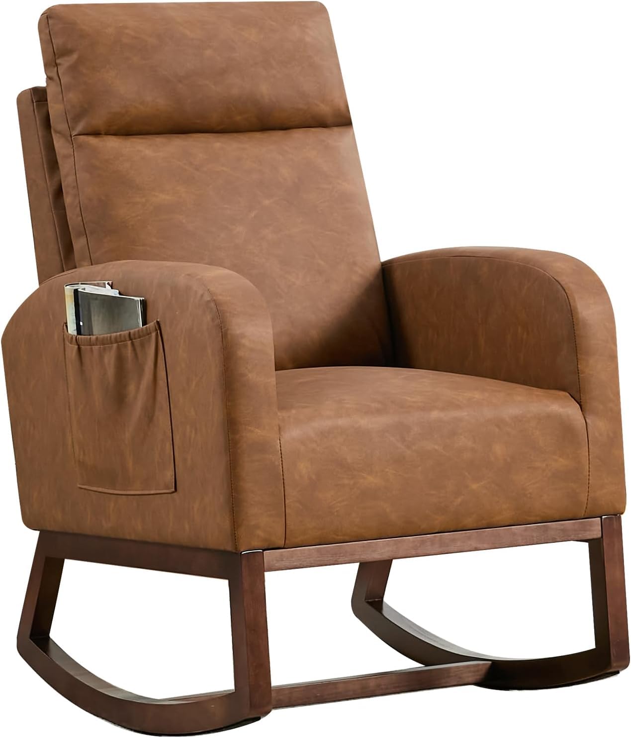Nursery Glider Rocking Chair with Side Pocket - High Back Rocking Armchair with Rubber Wood Legs, Accent Chair for Living Room, Bedroom, Nursing Room, Nursery
