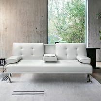 Vineego Modern Sofa Bed Faux Leather Couch Convertible Futon with Two Cupholders, White