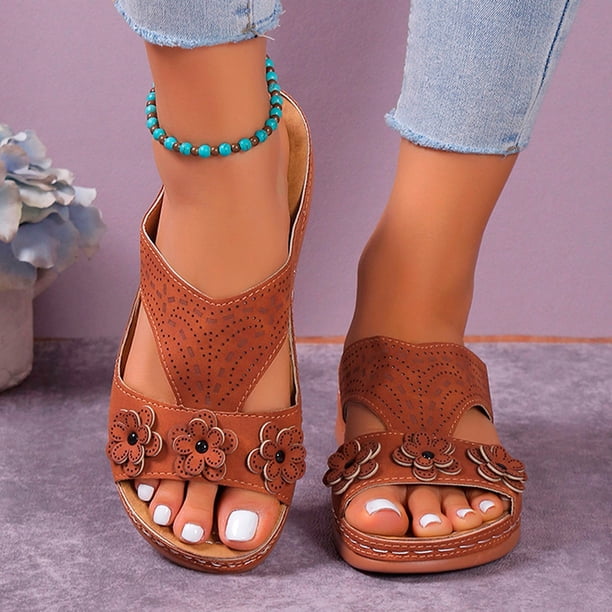 MKLEKYY Sandalias deportivas de Verano Nuevas Con Tacón de Boca de Pez y Pendiente, Estilo Retro, Con Tres Flores, Suela No Blanda para Mujer