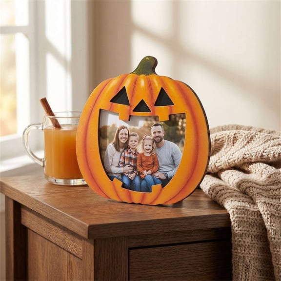 Qocolcyl Halloween Wooden Photo Frame, Spooky Pumpkin Black Cat Ghost Pattern Freestanding Tabletop Picture Frame, Rustic Wood Photo Ornament for Indoor Outdoor Home Party Halloween Decorations