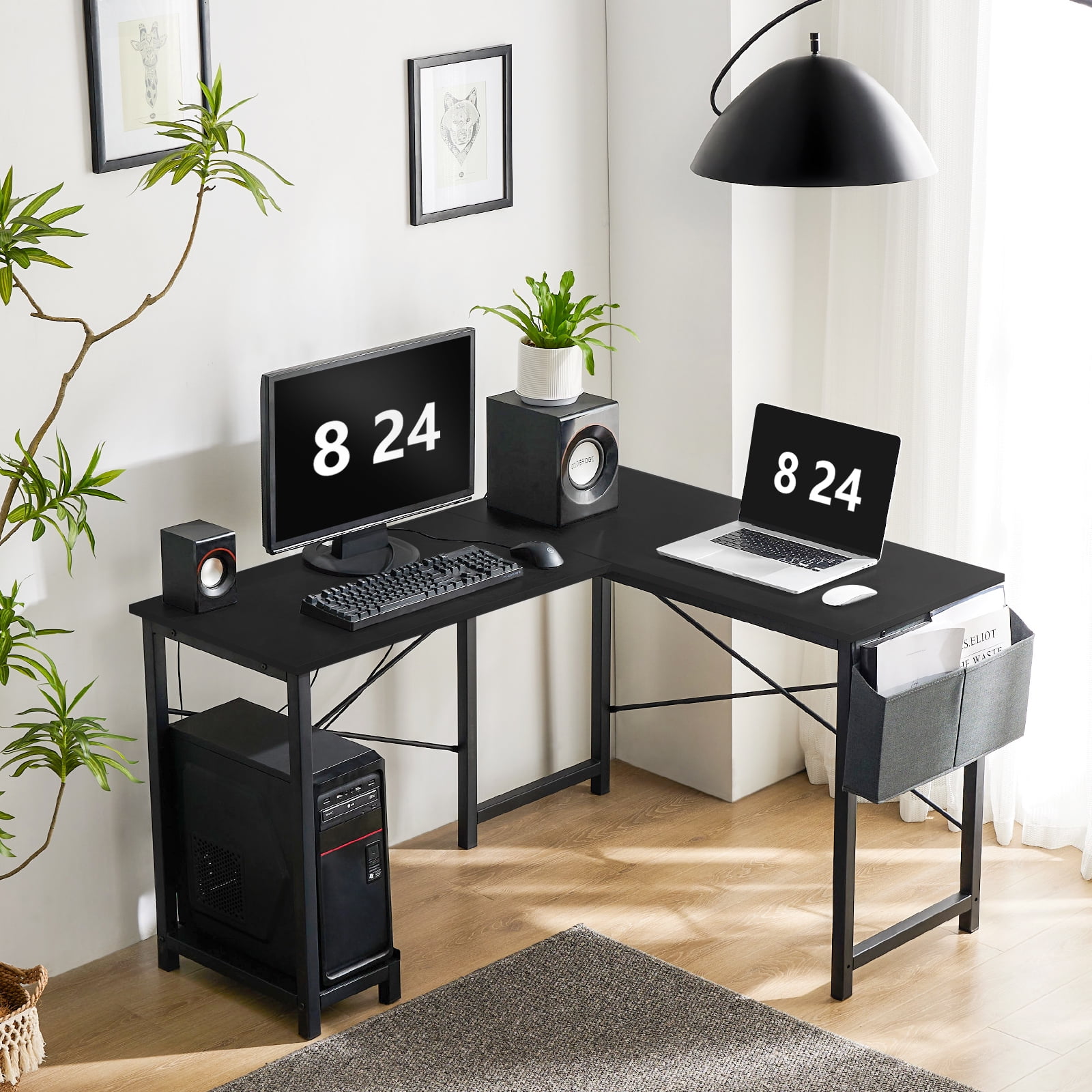 edx Modern L Shaped Office Desk with Wood Surface, Storage Bag and CPU Holder, Black