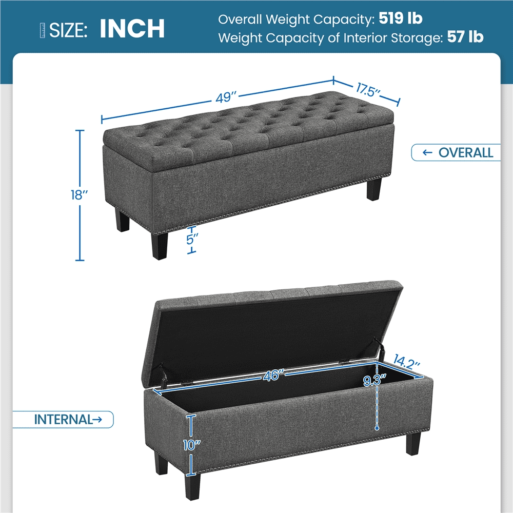 Alden Design 49in Modern Tufted Storage Bench for Entryway Bedroom, Dark Gray