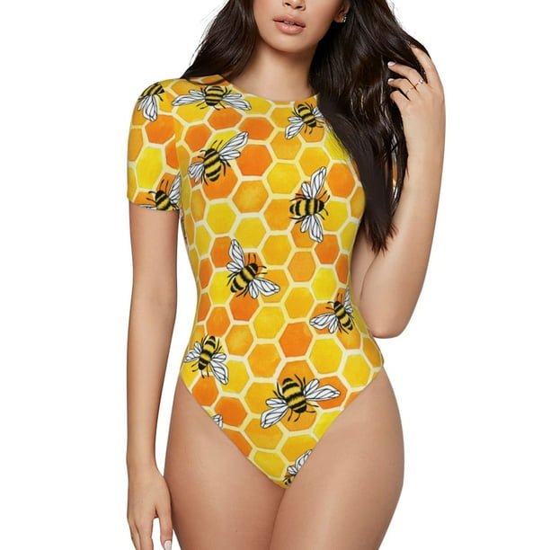 Balery Honeycombs Body de cuello redondo de manga corta para mujer Tops de manga corta Tops básicos-Medium