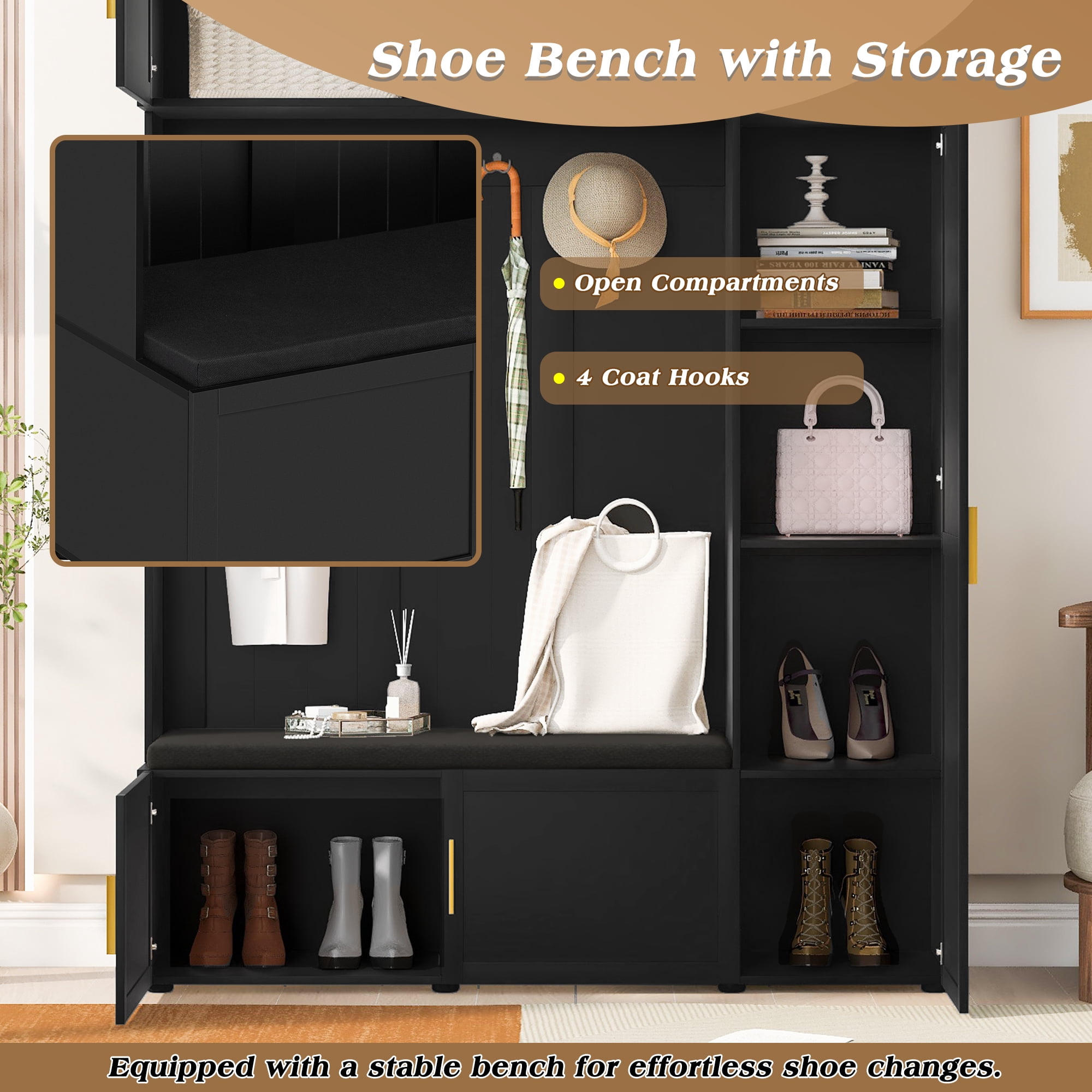 Mintazer All‑in‑One Hall Tree with Cushioned Shoe Bench & Hooks, Entryway Storage Organizer with Cabinets & Open Shelves for Mudroom Hallway, Black