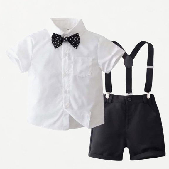 Xijirk Toddler Boys Suspender Outfit Short Sleeve Shirt with Bow Tie & Shorts Formal Set,6-12 Months