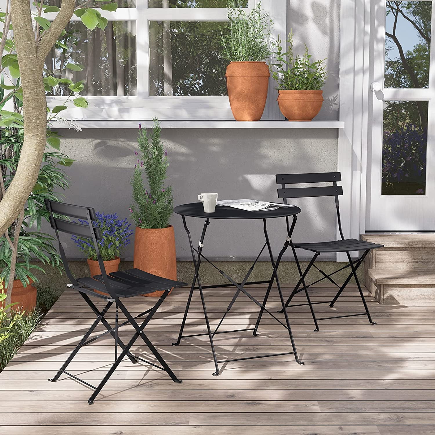 Outdoor Bistro Furniture Sets,3 Piece Patio Set of Foldable Bistro Table Set,Black Patio Bistro Set 