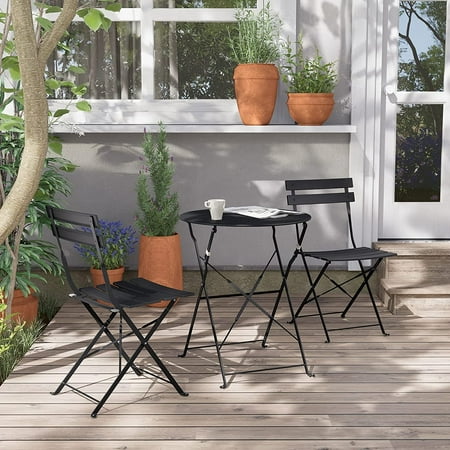 Patio Bistro Set Steel Outdoor Patio Furniture Sets 3 Piece Patio Set of Foldable Patio Table and Chairs ( Black )