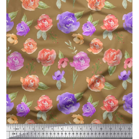 Soimoi Brown polyester Crepe Fabric Flower & Leaves Watercolor Decor Fabric Printed Yard 42 Inch Wide