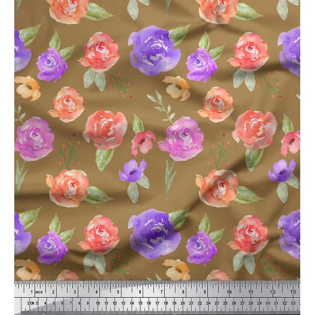 Soimoi Brown Poly Georgette Fabric Flower & Leaves Watercolor Fabric Prints By Yard 52 Inch Wide