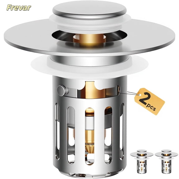 2PCS Solid Metal Bathroom Sink Stopper-Brass Core & Stainless Steel Construction-Dual Function Bathroom Sink Drain Strainer-Universal Fit 99% Bathroom Drain-(1.1'' to 2.36'' inch)
