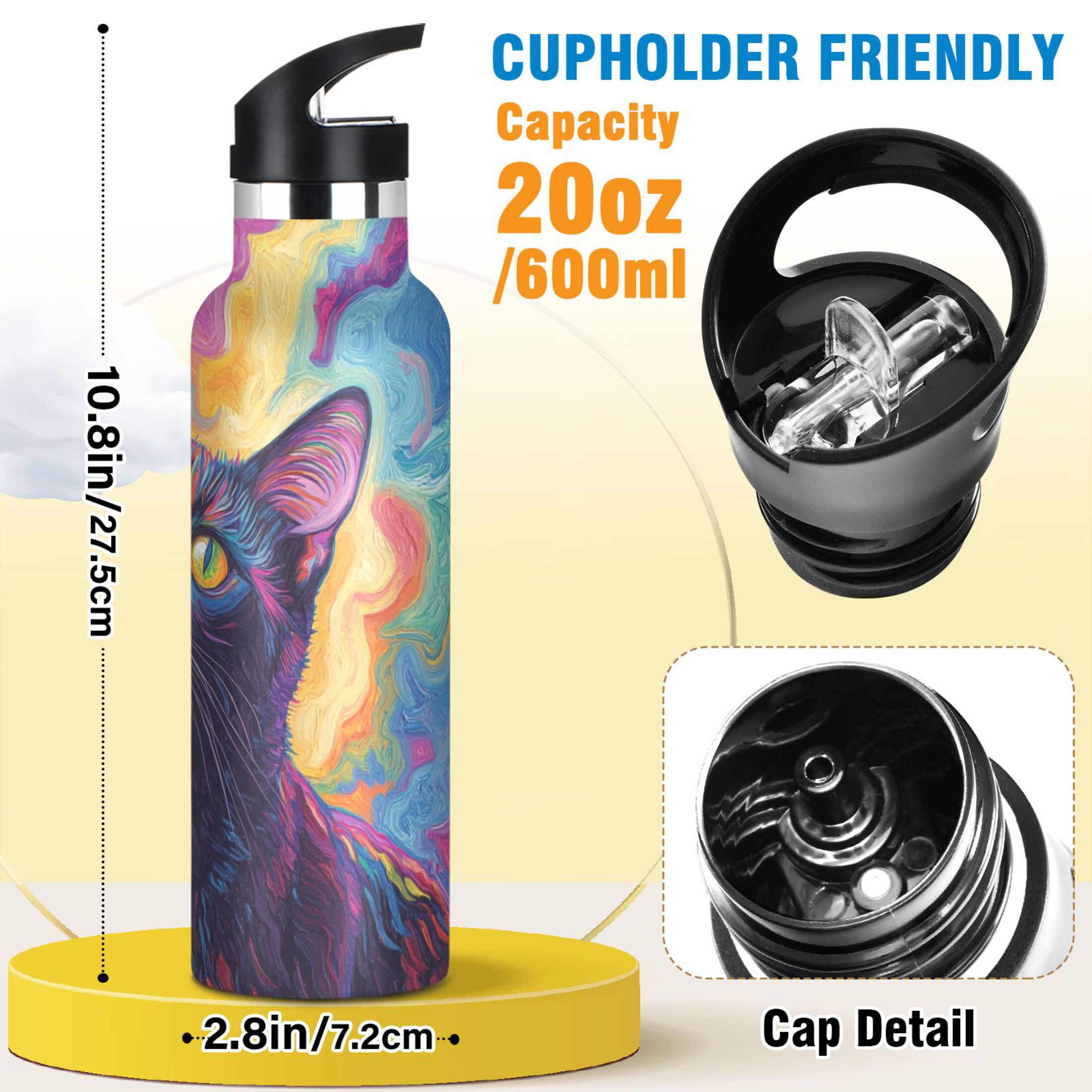600ML Stainless Steel Insulated Cup Sports Water Bottle Portable Thermos Cup Water Glasses Insulated Tumblers Convenient and Durable Colorful Cute Cat