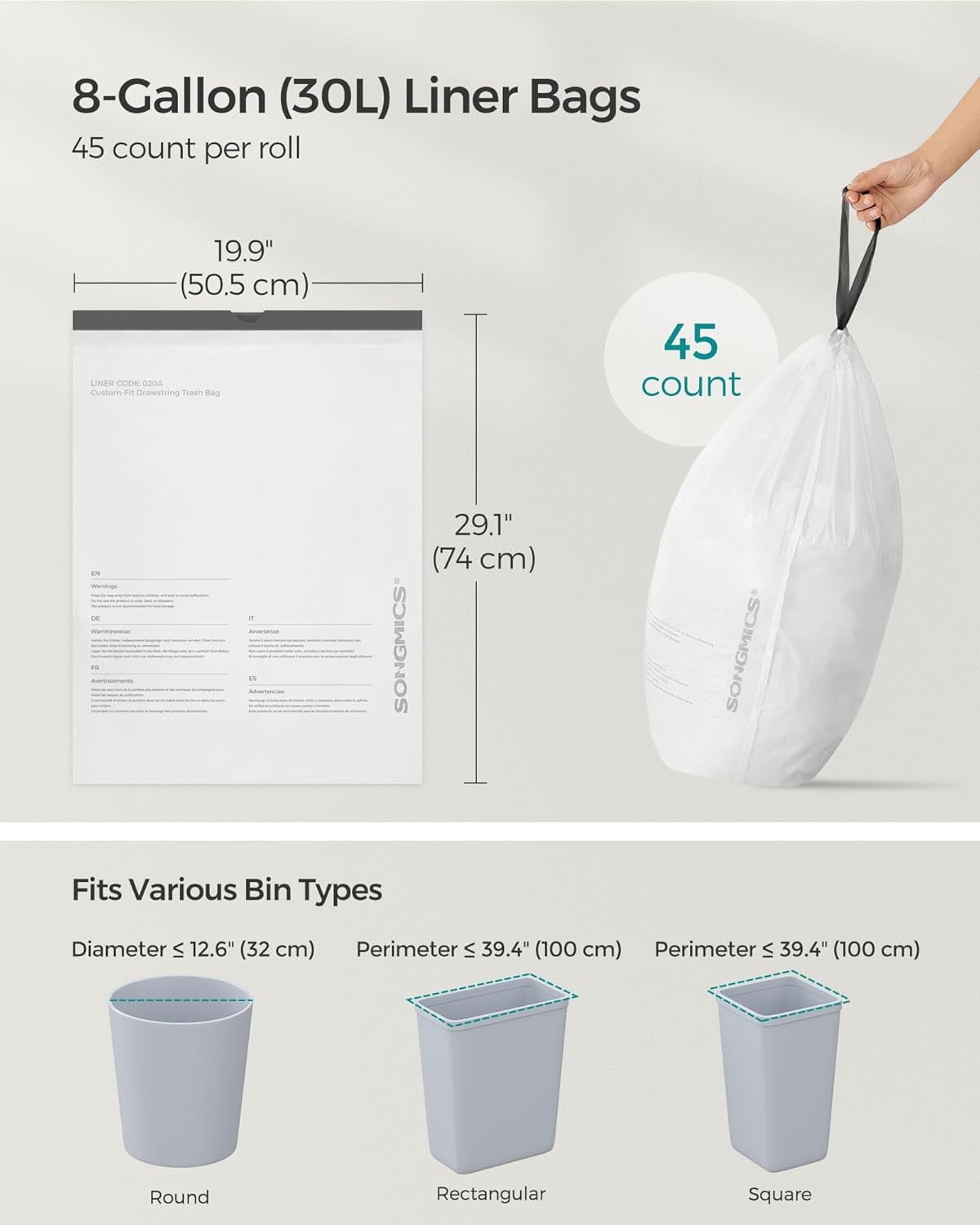Heavy Duty Trash Bags for 8-Gallon Cans, White Drawstring Garbage Bags with Pre-Separated Design, 4 Rolls of 45 Count Each, Leak-Resistant Kitchen Liners