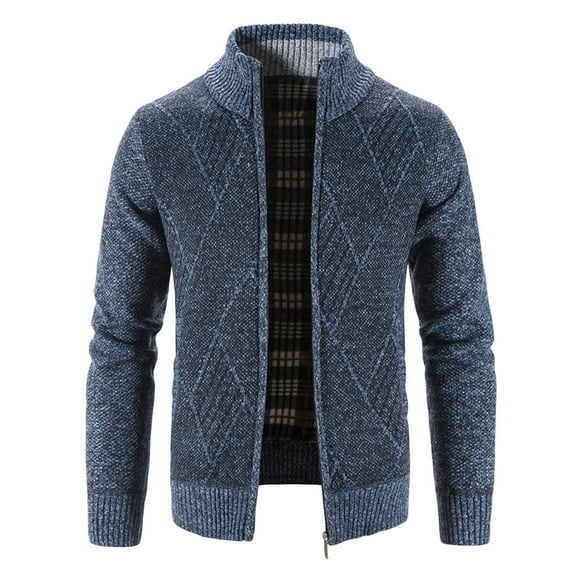 Xzbqbs Mens Knitted Jacquard Jackets Full-Zip Warm Slim Fit Sweater Coat Fashion Lightweight Solid Stand Collar Sweater Jackets