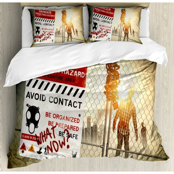 Zombie Decor Queen Size Duvet Cover Set, Dead Man Walking Dark Danger Scary Scene Fiction Halloween Infection Picture, Decorative 3 Piece Bedding Set with 2 Pillow Shams, Multicolor, by Ambesonne