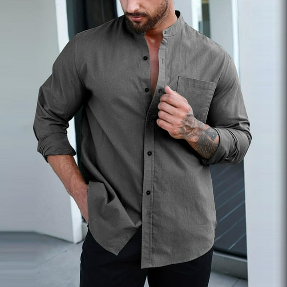 Men Clothing, Mens Casual Linen Shirts 3/4 Sleeve Button Down Banded Collar Summer Beach Shirt