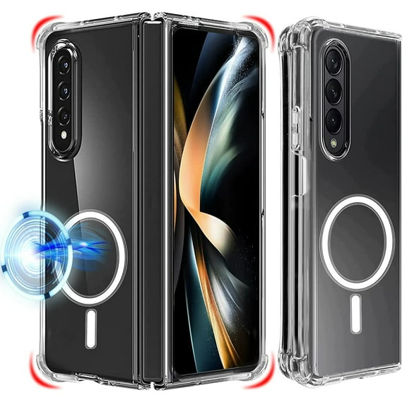 Dteck Mag Safe Compatible with Samsung Galaxy Z Fold 4 Clear Case, Galaxy Z Fold 4 Magnetic Case, Slim Transparent Flexible TPU Shockproof Bumper Hard PC Back Phone Case for Samsung Galaxy Z Fold 4
