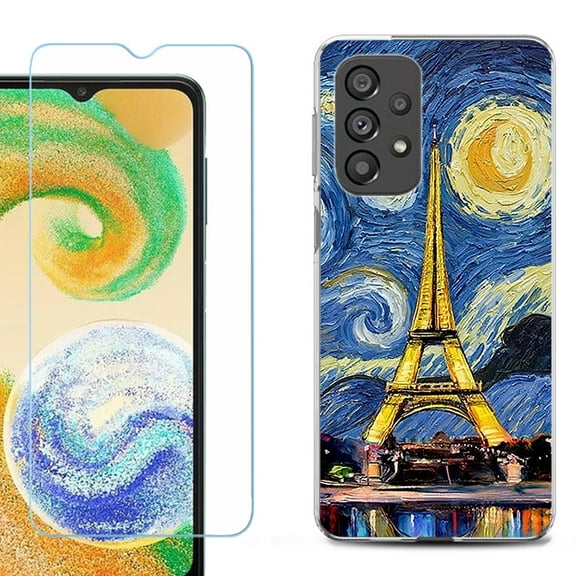 Shockproof Fashion Phone Case for Samsung Galaxy A23 5G, with Tempered Glass Screen Protector, by OneToughShield ® - Starry Night Eiffel